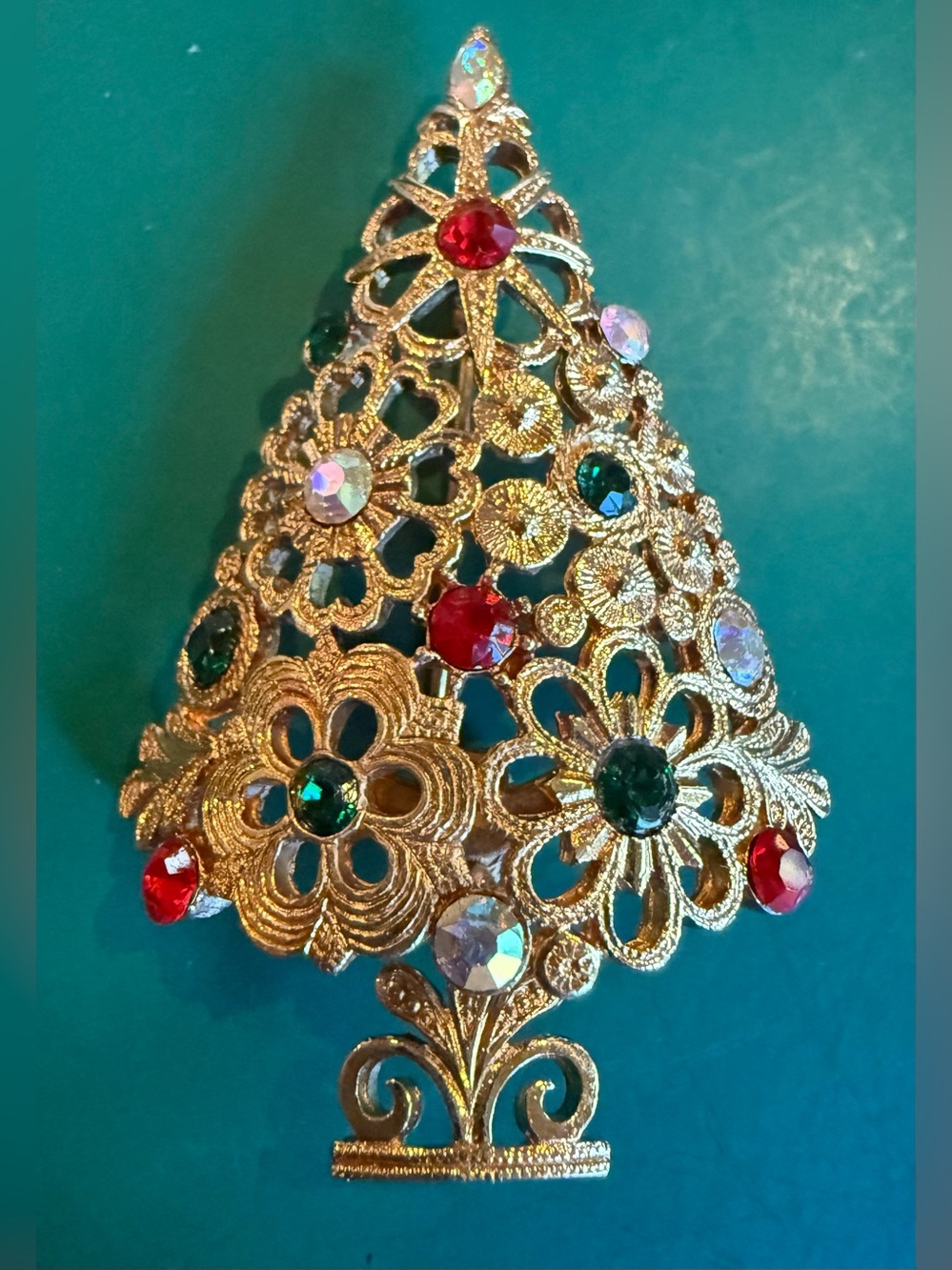 Vintage MYLU Gold Christmas Tree Pin Rhinestones Multi Color 60s Mid Cent